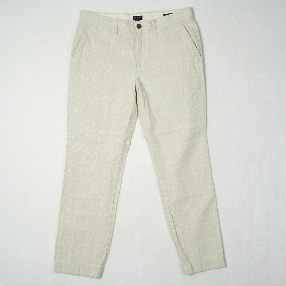 J. Crew Mens 32x30 (Fits 32x28) Straight Linen Cotton Glen Plaid Pants Oatmeal